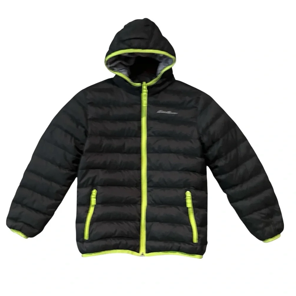 EDDIE BAUER Boy's Black Green Reversible Down Hooded Puffer Coat Size Small 7/8 - Picture 1 of 15